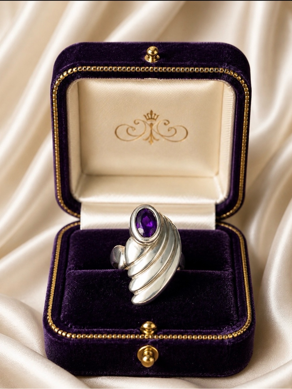 Ring Solid 925 Sterling Silver Ring with Amethyst Gemstone Chunky Swirl